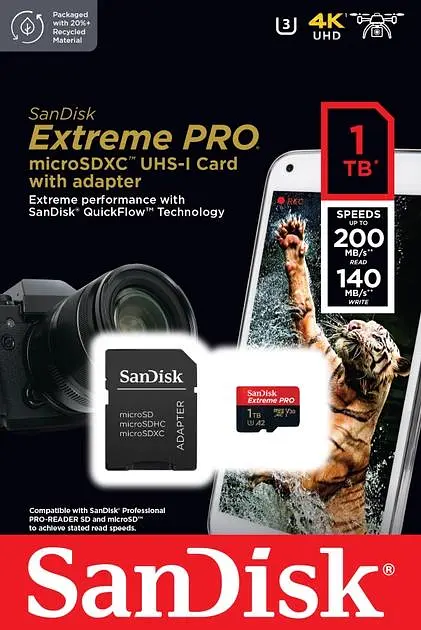 Карта пам'яті Sandisk microSDXC (UHS-1 U3) Extreme Pro A2 1TB class 10 V30 (R200MB/s,W140MB/s) (adapter) (SDSQXCD-1T00-GN6MA) - фото 3