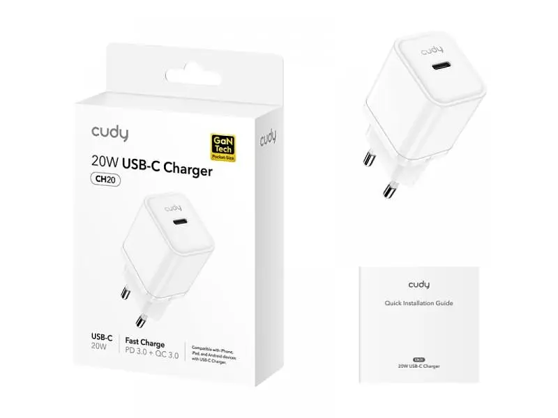 Мережевий зарядний пристрій CUDY 1xUSB 20 W, GaN, 1xUSB-C, QC+PD 3.0 (CH20_EU) - фото 4
