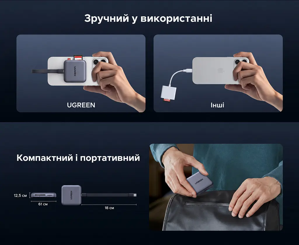 Картридер із магнітним кріпленням і заряджанням UGREEN CM898 зчитувач карт пам’яті підключення USB-C USB 3.0 до 5 Гбіт/с слоти SD та microSD (TF) SD 4.0 TF 4.0 UHS-II зі швидкістю шини до 312 МБ/с наскрізне заряджання через USB-C PD 3.0 до 100 Вт одночасна робота двох слотів одночасне заряджання та передавання даних підтримка носіїв місткістю до 4 ТБ знімний кабель USB-C на USB-C 15 см у комплекті сірий (65095) - фото 14
