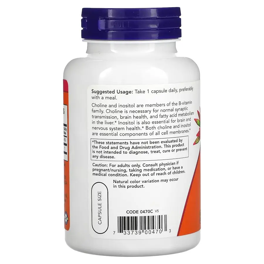 Вітаміни та мінерали NOW Choline & Inositol, 100 вегакапсул - фото 3