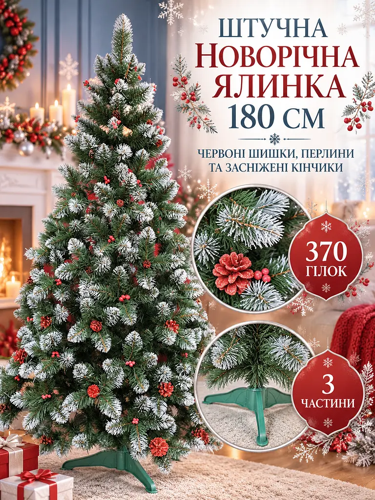 Елка искусственная YaLINKA КK18 Адель 180 см, с красными шишками, жемчугом и заснеженными кончиками, зеленая (49676506) - фото 2
