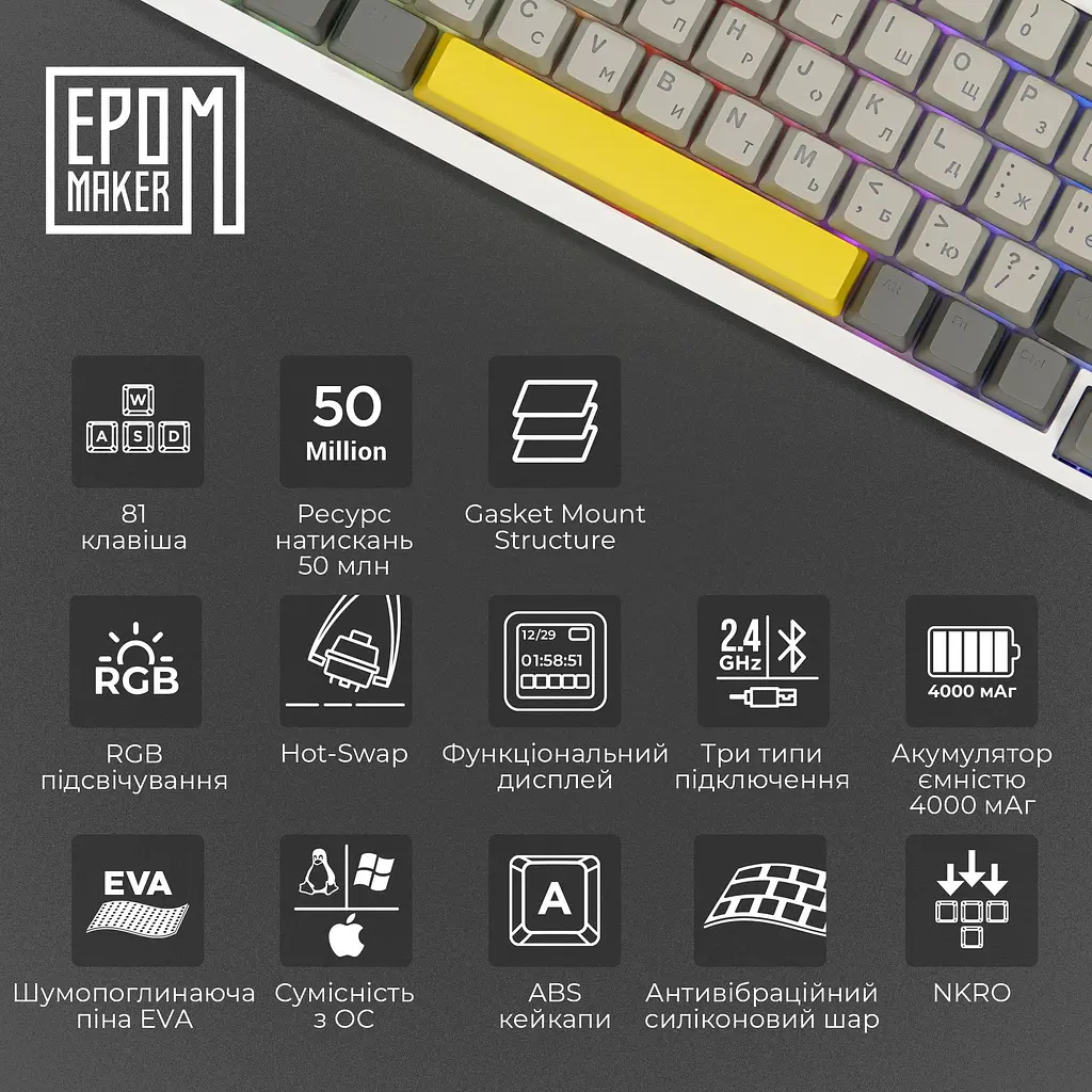 Клавиатура Epomaker AK820 Pro Flying Fish White механическая беспроводная (AK820-PRO-W-FF) - фото 16
