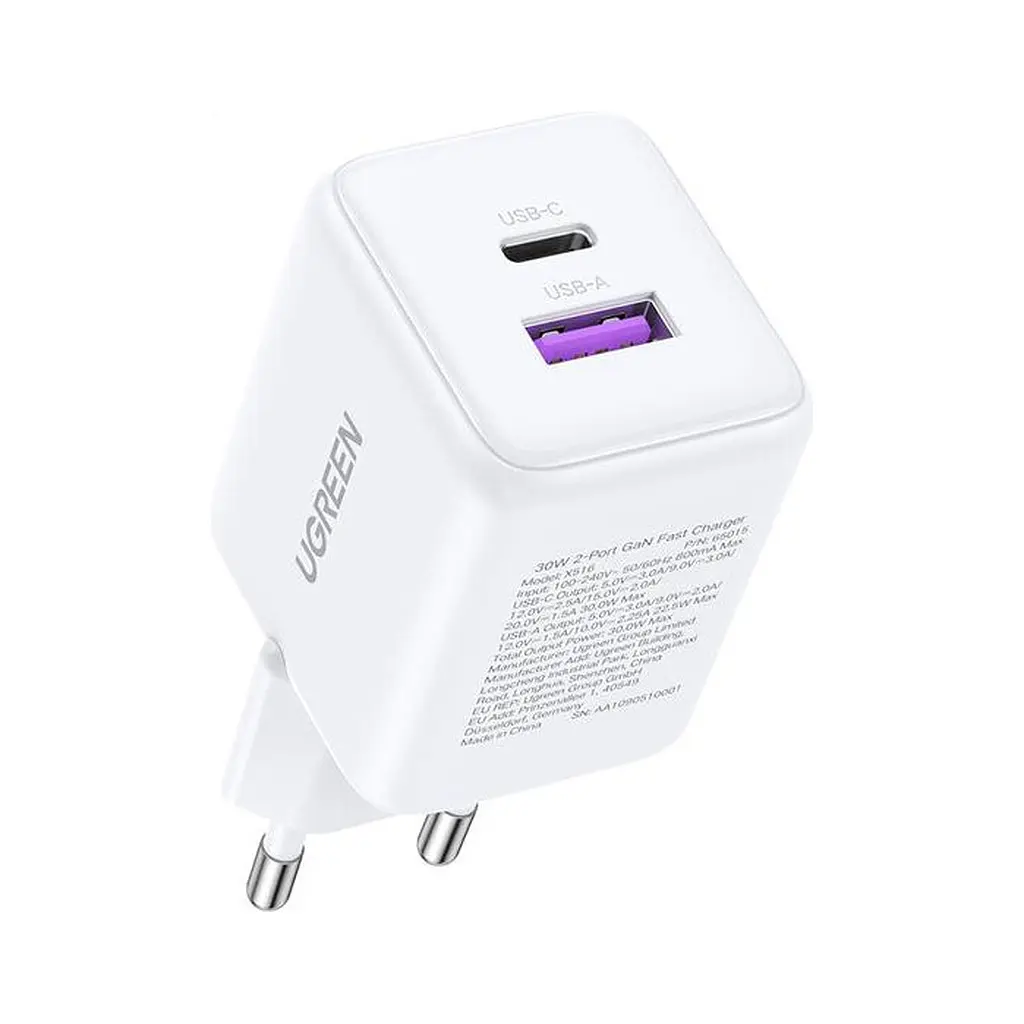 Зарядний пристрій Ugreen USB + USB-C GaN 30 Вт X516 білий (65015) - фото 2