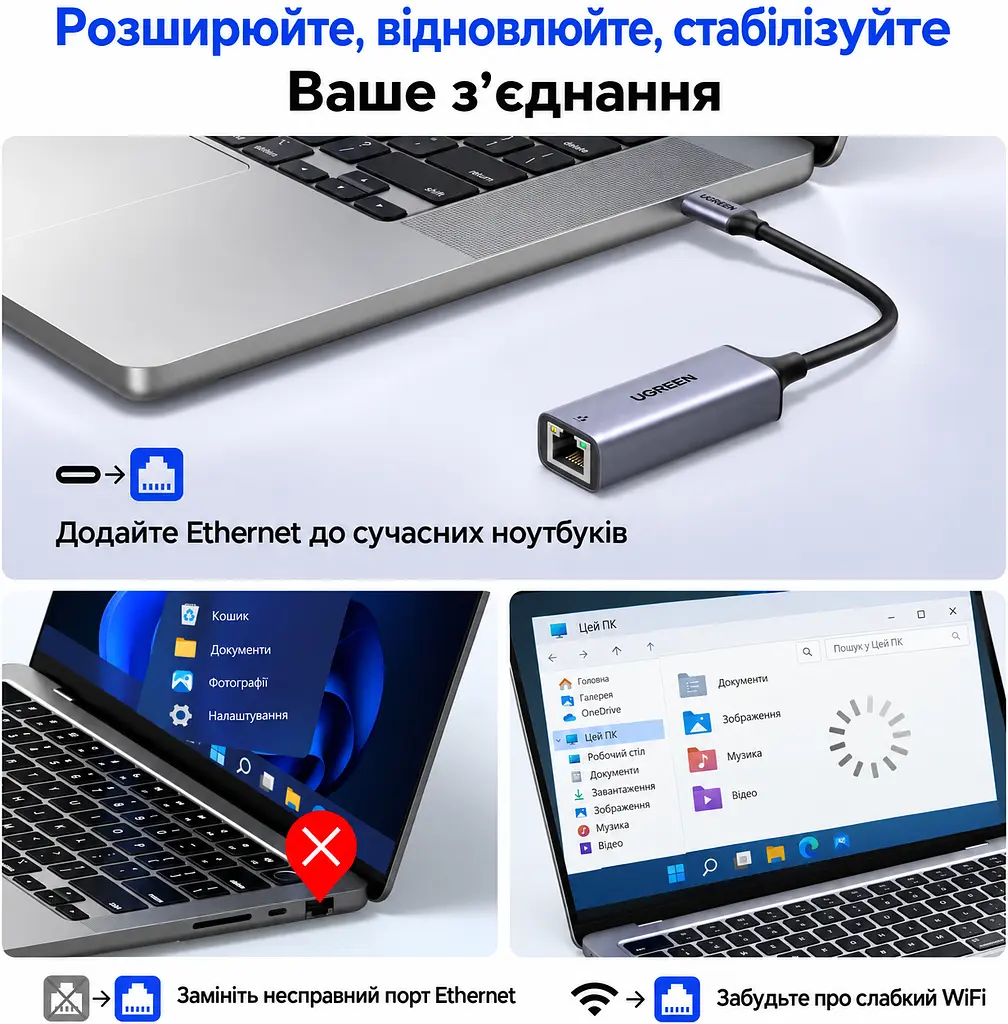 Мережевий адаптер UGREEN CM199 зовнішня мережева карта USB-C на RJ45 Ethernet 10/100/1000 Мбіт/с зі світлодіодним індикатором для Windows macOS та Linux сумісний зі Steam Deck та Nintendo Switch Lite чип AX88179B із вбудованим кабелем 0,1 м космічний сірий (50737) - фото 8
