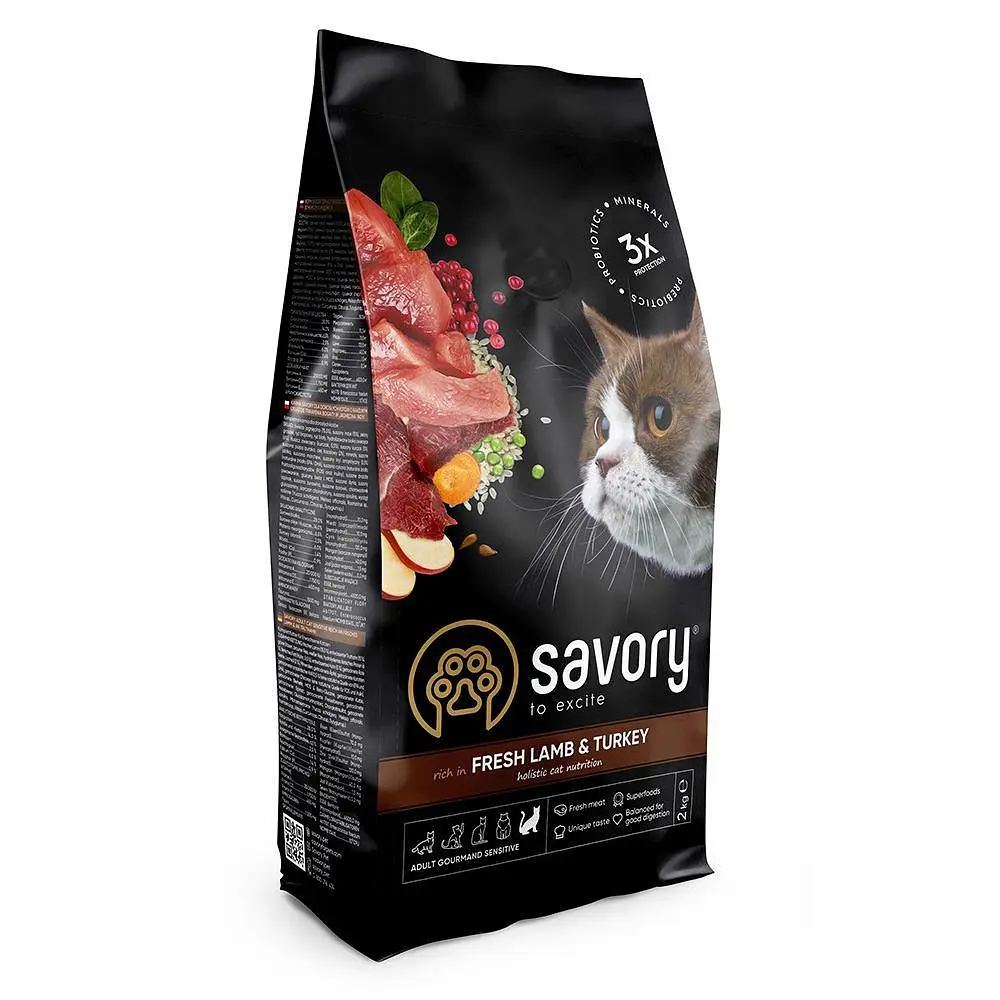 Сухий корм Savory Adult Cat 2 кг для кішок з чутливим травленням (ягня та індичка) - фото 2