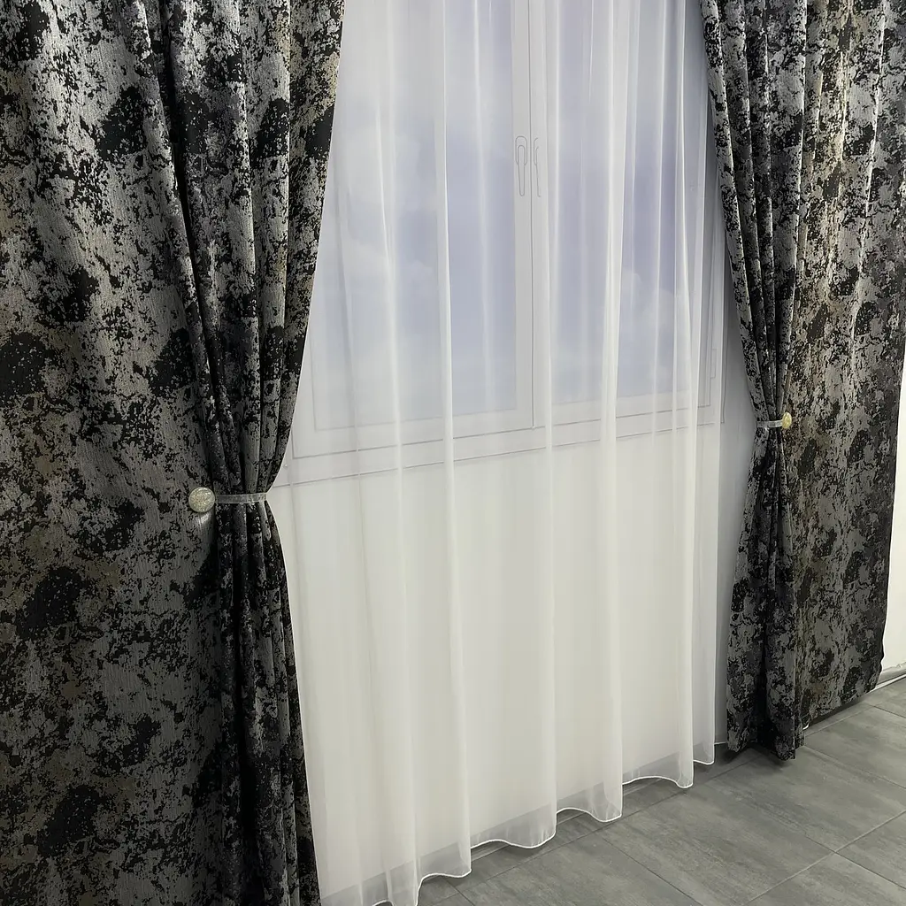 Жакардові мармурові штори сіро-кавового кольору 2шт. 150х270 з білим шифоновим тюлем 400х270, на та ALBO pbe0052756 - фото 7