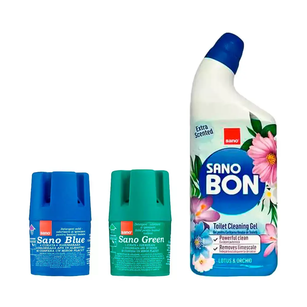Набір Sano Бачок для миття унітазу Blue Flash, Бачок для миття унітазу Green, Гель для чищення унітазів Sanobon Gel Lotus (287607, 935833, 352153)