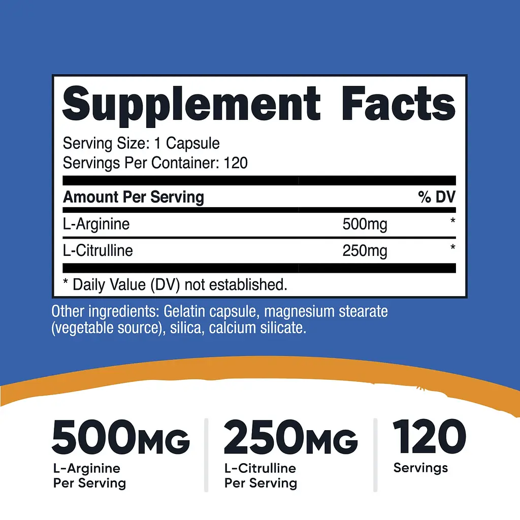 L-аргінін та L-цитрулін Nutricost L-Arginine & L-Citrulline 120 капсул - фото 3