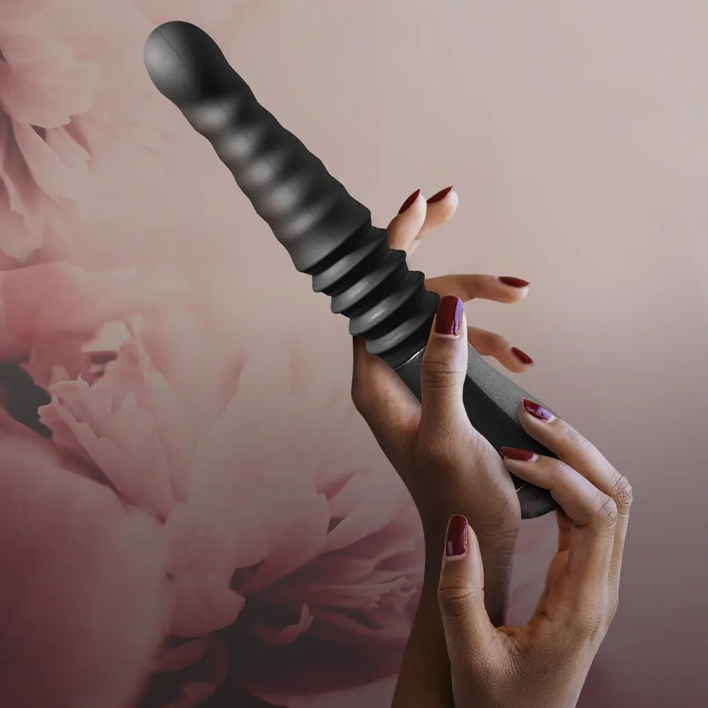 Пульсатор Blush Temptasia - Lazarus Thrusting Dildo - Black, ребристий стовбур, 3 швидкості - фото 9