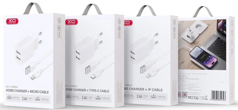 Сітчастий зарядний пристрій XO L109 double USB-A 12W 2.4A with Lightning cable Білий - фото 2