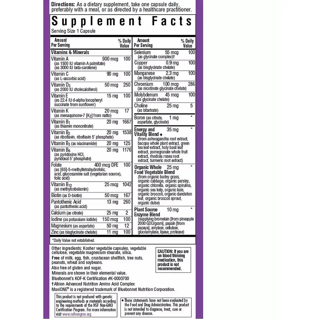 Мультивітаміни без заліза Bluebonnet Nutrition Maxi One Iron Free 30 вегетаріанських капсул - фото 2