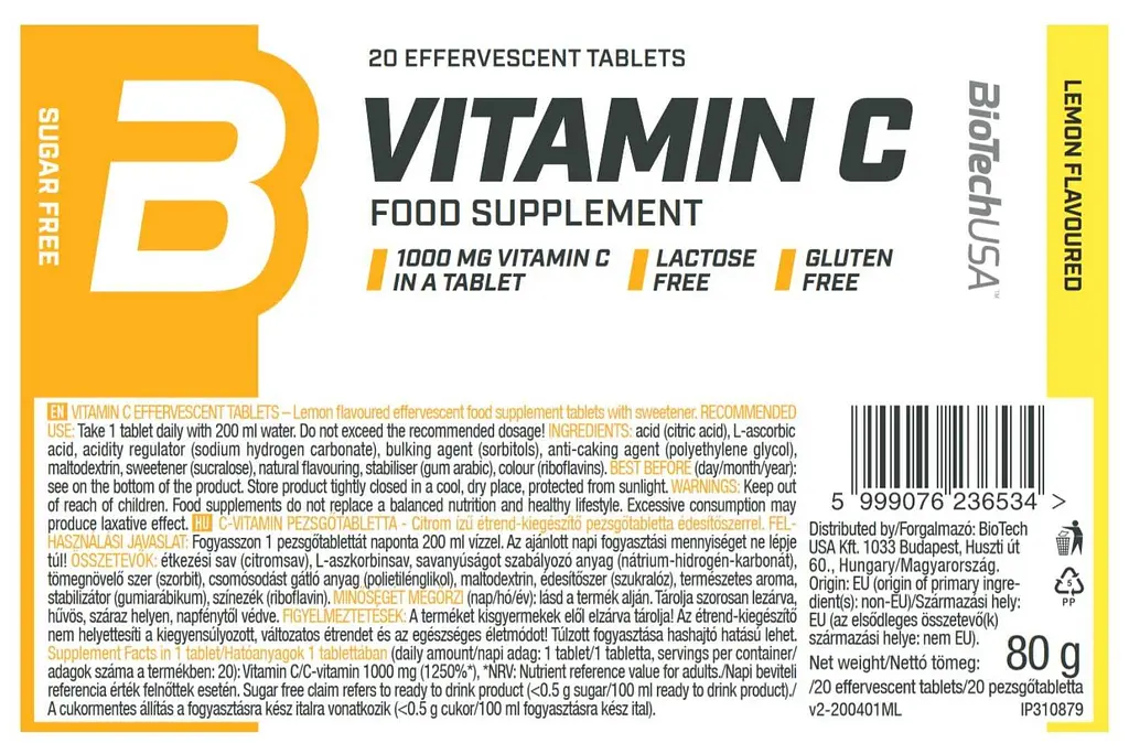 Вітамін C BiotechUSA Vitamin C Effervescent Lemon 20 таблеток - фото 2