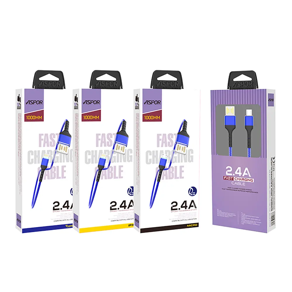 Кабель Aspor A180 Nylon LED USB – Type-C (2.4A/1м)- темно-синій - фото 3