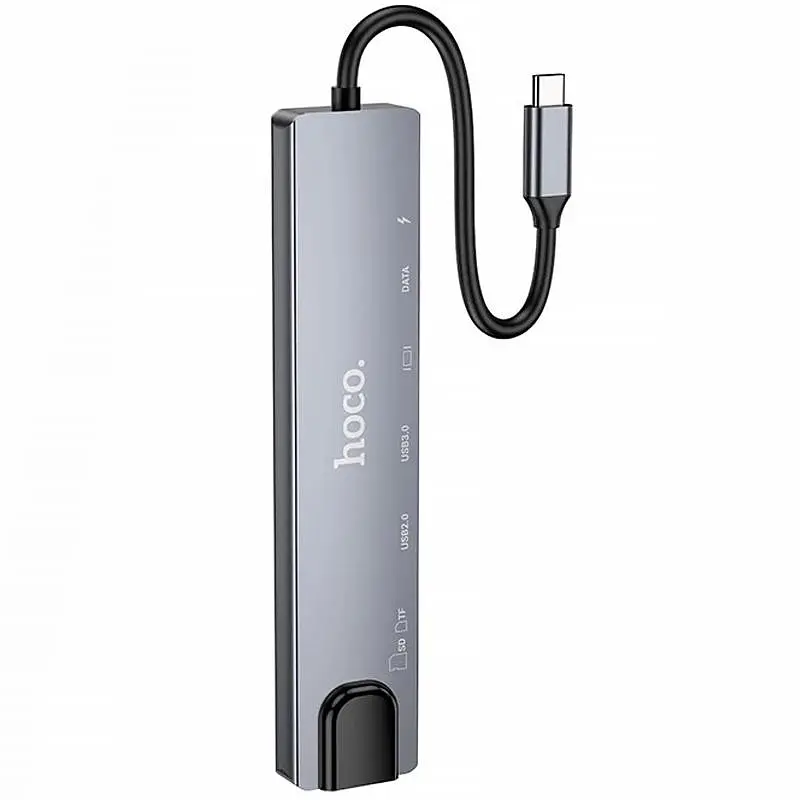 Перехідник HUB Hoco DUP09 (Type-C to HDMI+USB 3.0+USB 2.0+2xType-C+SD/TF) Silver - фото 2