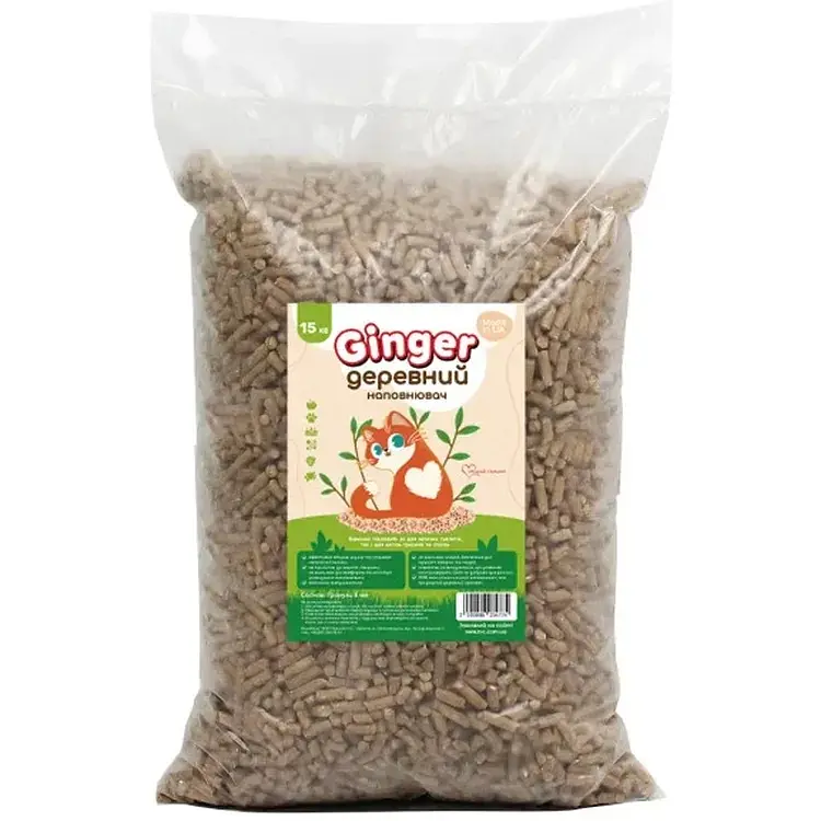 Наповнювач для туалетів Ginger Cat деревний 15 кг сірий