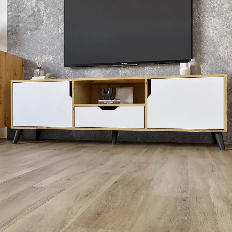 Комплект меблів для вітальні М-ЗОН Борн Дуб Артизан/Німфея Альба (білий) 5 предметів з чорними ніжками (MZN-031074) - фото 9