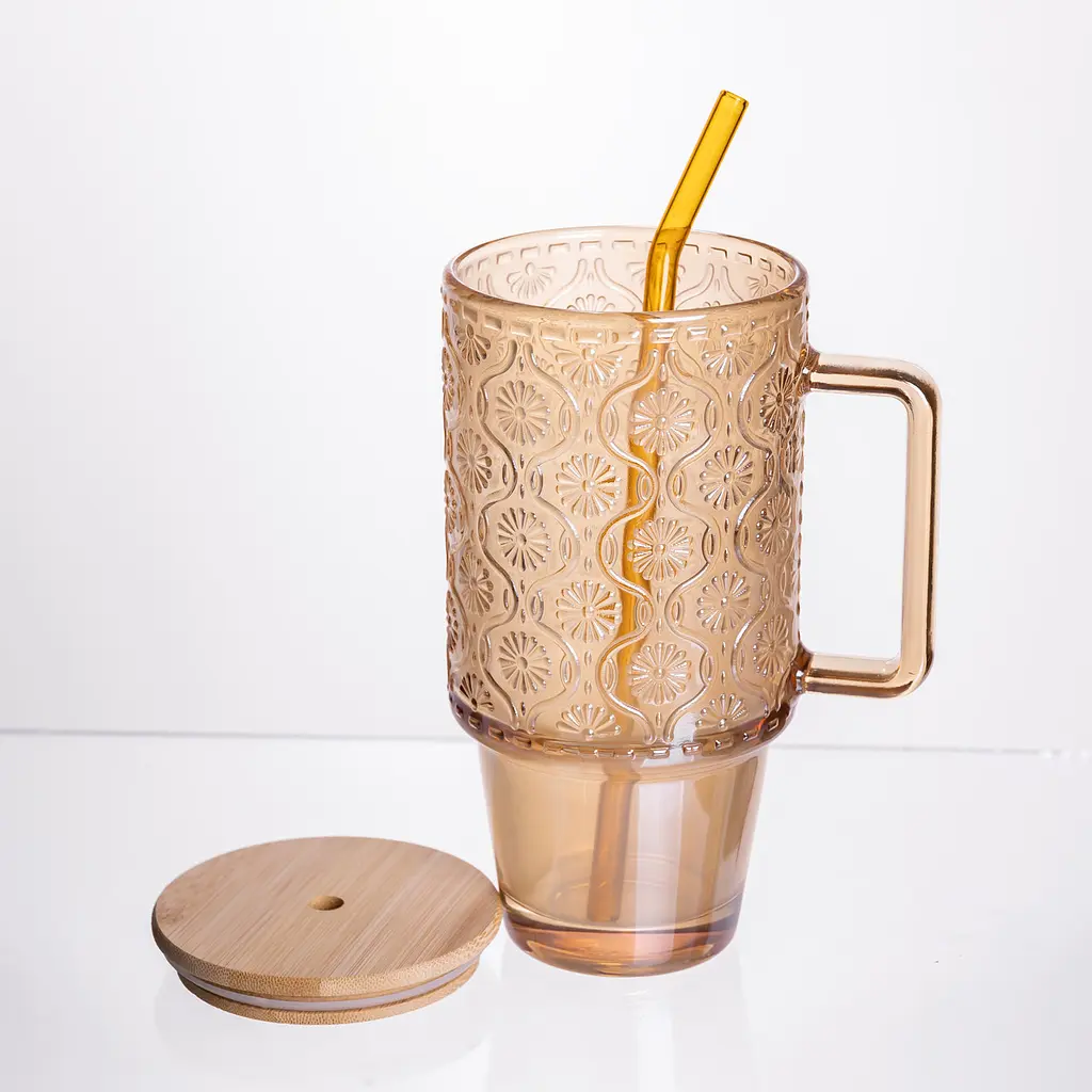 Кружка стеклянная с крышкой и трубочкой 750 мл Коричневый Yiwu HP-19-50NR - фото 2