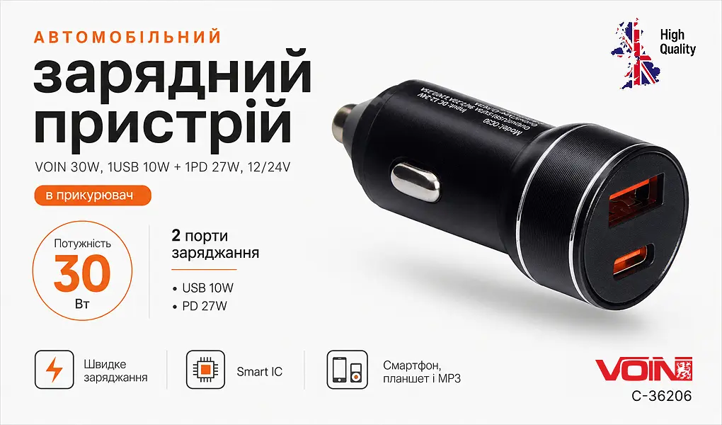 Автомобільний зарядний пристрій VOIN 30W, 1USB QC3.0 18W + 1PD 30W, 12/24V (C-36212) - фото 3