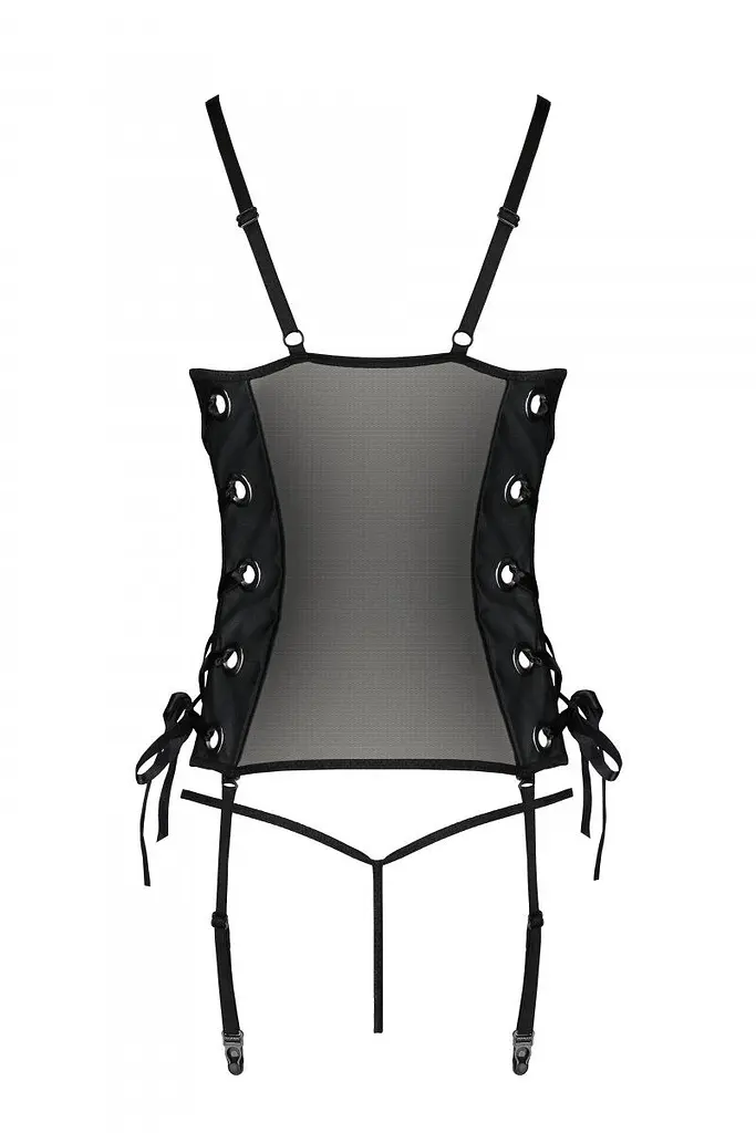 Сітчастий корсет з еко-шкіри з люверсами та знімними пажами Passion Malwia Corset, L/XL (чорний) - фото 4