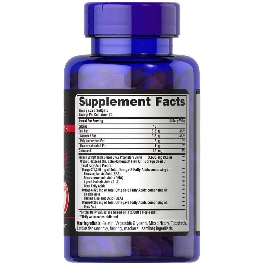 Жирные кислоты Puritan's Pride Triple Omega 3-6-9 Fish Flax Borage Oils Maximum Strength 60 капсул - фото 2