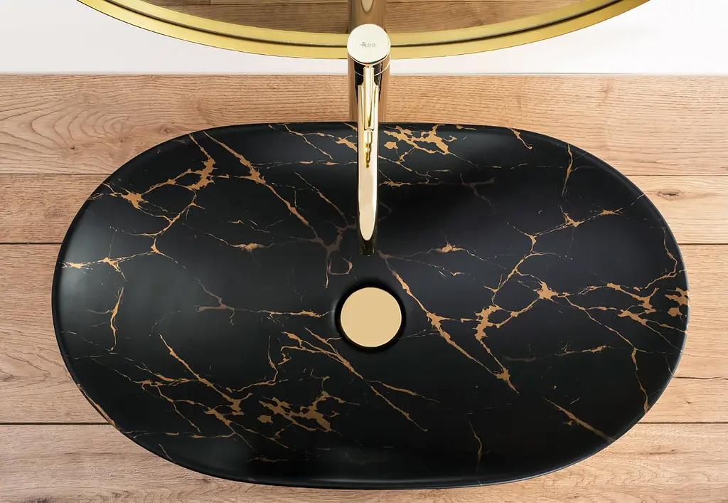 Умивальник Rea Royal In Black Marble Gold накладний REA-U8008, Чорний - фото 3