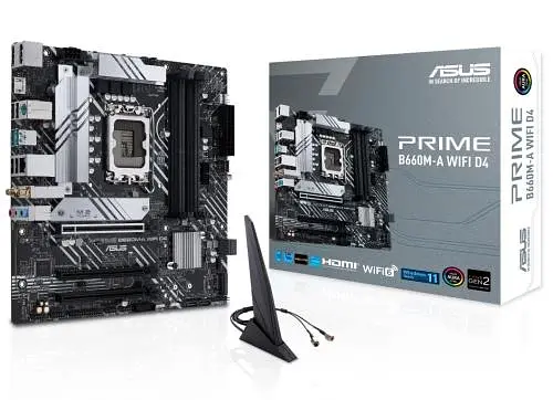 Мат.плата LGA1700, Asus PRIME B660M-A WIFI D4, B660, 4xDDR4, Int.Video(CPU), 4xSATA3, 2xM.2, 1xPCI-E 16x 4.0, 2xPCI-E 16x 3.0, ALC897, GLan, WiFi 6, Bluetooth 5.2, 5xUSB3.2/6xUSB2.0, HDMI/DP, MicroATX