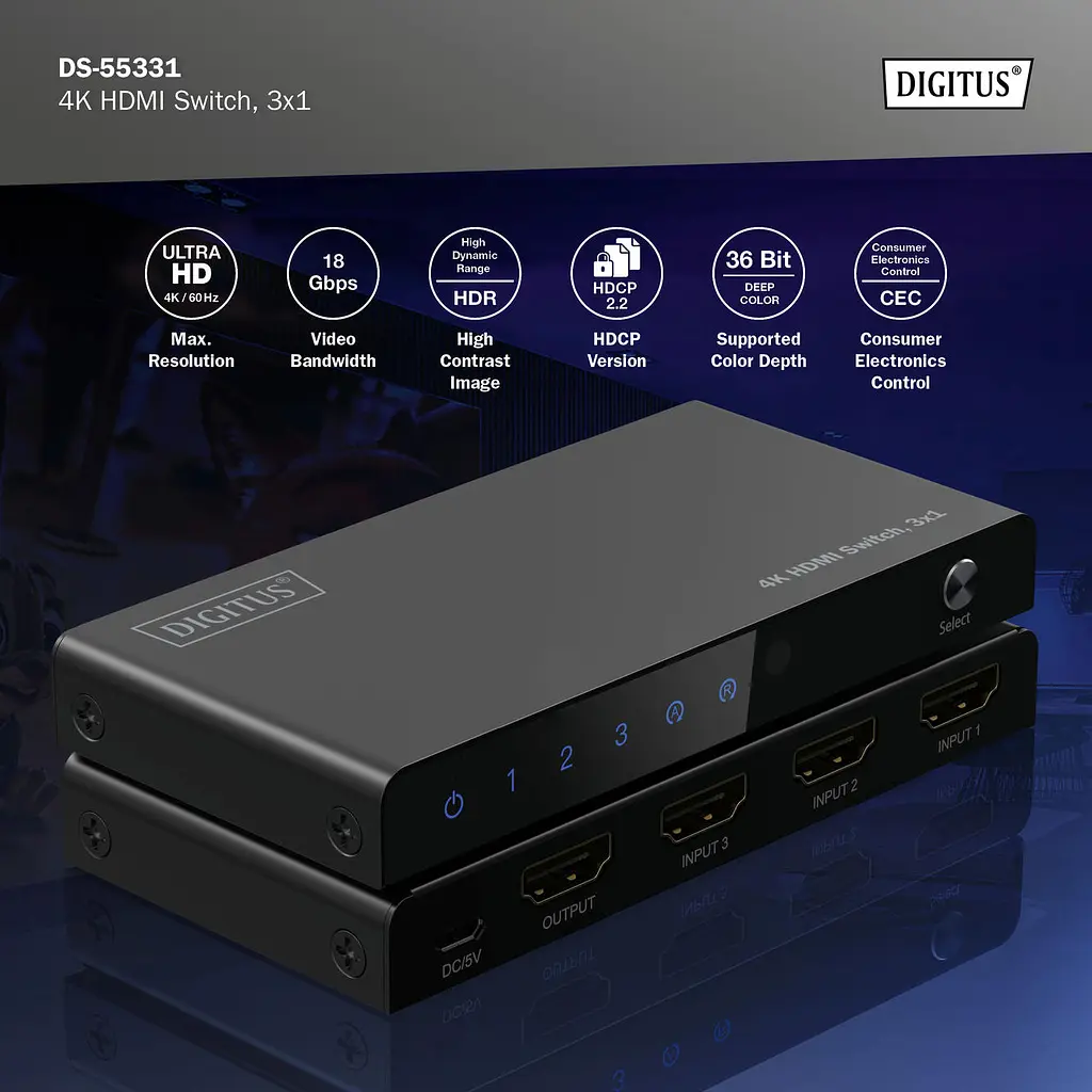 Відеокомутатор Digitus UHD HDMI (INx3 – OUTx1), 4K - фото 7