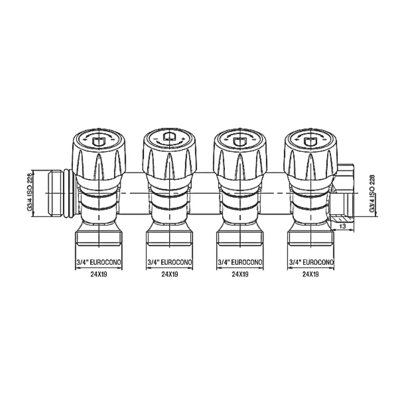 Колектор з регулюючими вентилями на Roho 4 вих. R809-04 - 3/4"x3/4" Ek RO0251 - фото 2