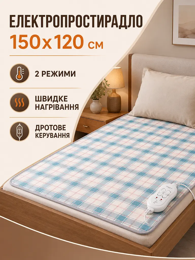 Електропростирадло 150×120 см з підігрівом, 2 режими температури, захист від перегріву та короткого замикання, різнокольорове - фото 2