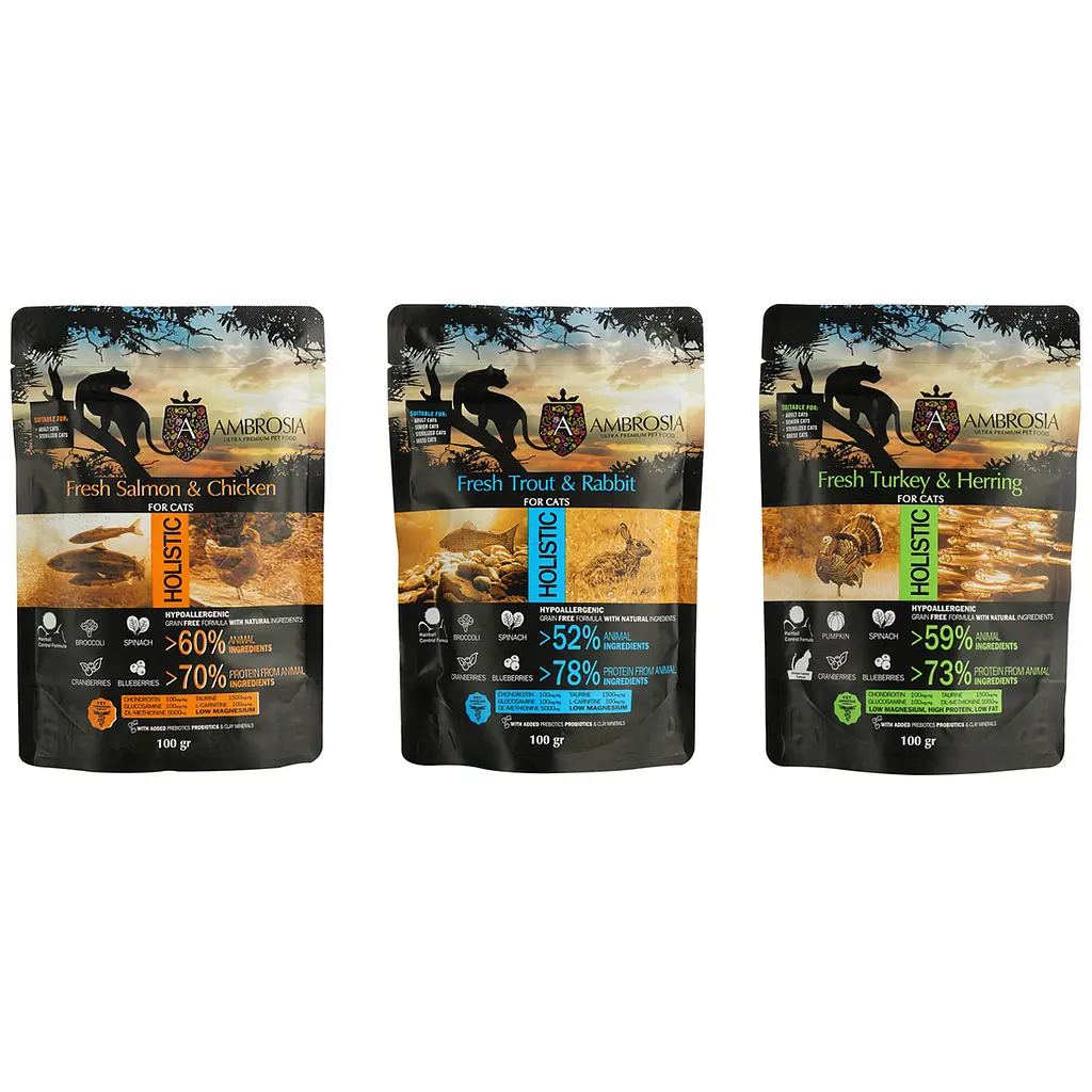 Набір: Сухий корм Ambrosia Grain Free для стерилізованих котів з лососем та куркою 100 г + Сухий корм Ambrosia Grain Free для стерилізованих котів з індичкою та оселедцем 100 г + Сухий корм Ambrosia Grain Free для котів з фореллю та кроликом 100 г