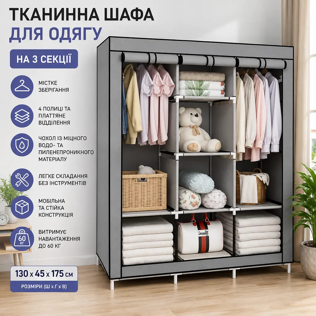 Тканинна шафа для одягу на 3 секції Сіра - фото 2