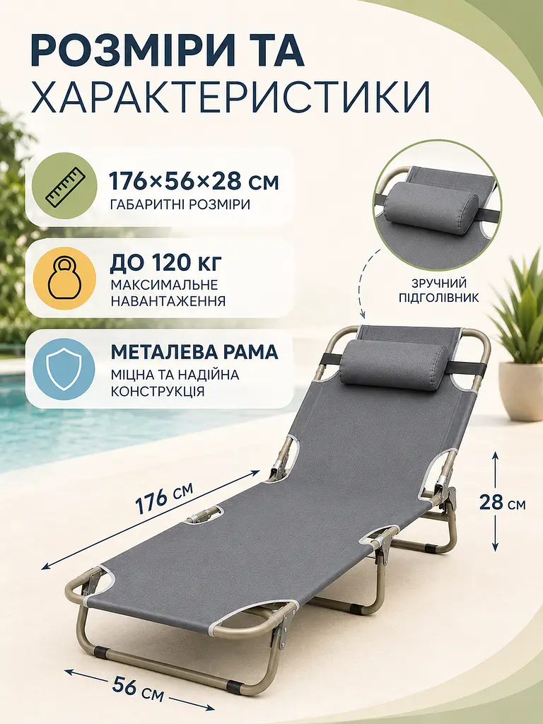 Шезлонг розкладний сірий 176×56×28 см з підголівником для саду, пляжу та кемпінгу (49676043) - фото 3