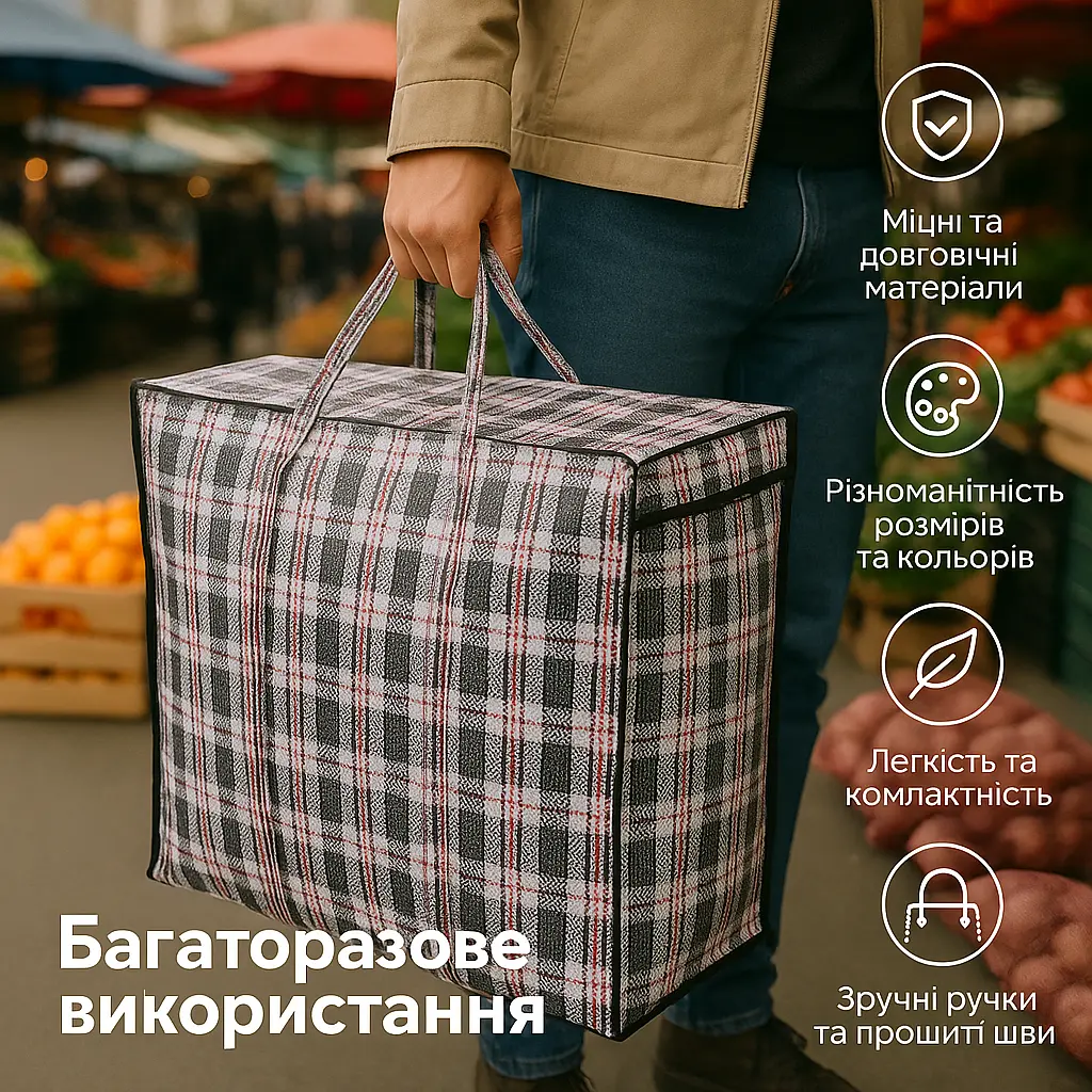 Господарська сумка №6 картата велика поліпропіленова на блискавці 60×70×30 см - фото 8