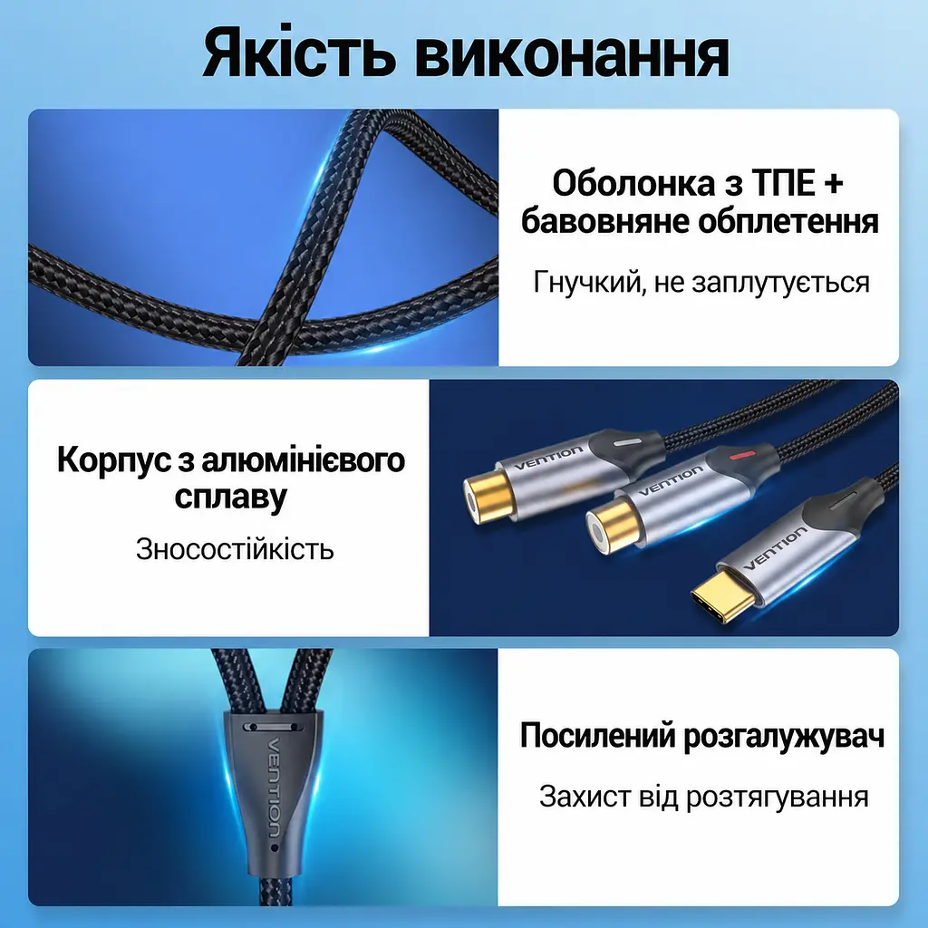 Аудіокабель-перехідник Vention 1,5 м тюльпани зі штекера USB-C на 2 гнізда RCA із вбудованим ЦАП у бавовняному обплетенні для підключення до гнізд RCA потрібен додатковий стереокабель RCA зі штекерами на обох кінцях сірий (BGVHG) - фото 7