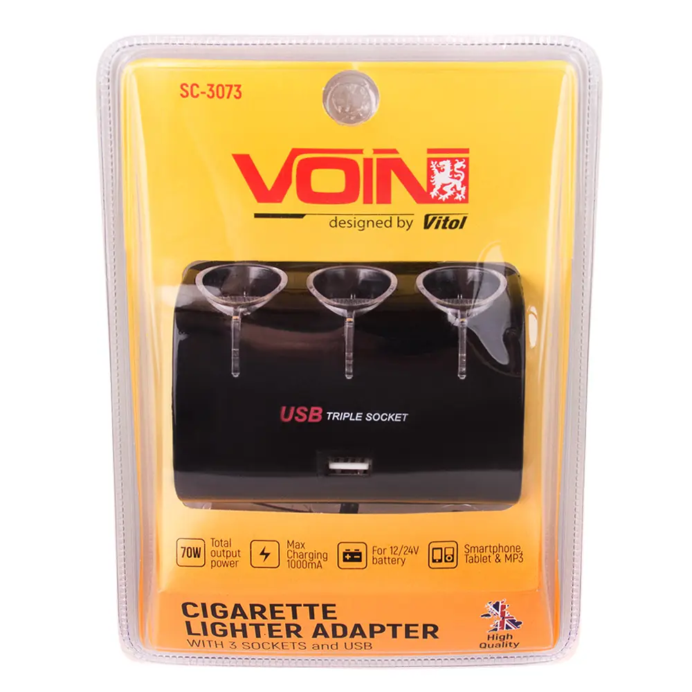 Автомобільний розгалужувач прикурювача VOIN 3 виходу 1 USB 1000mA 12/24V (SC-3073) - фото 3