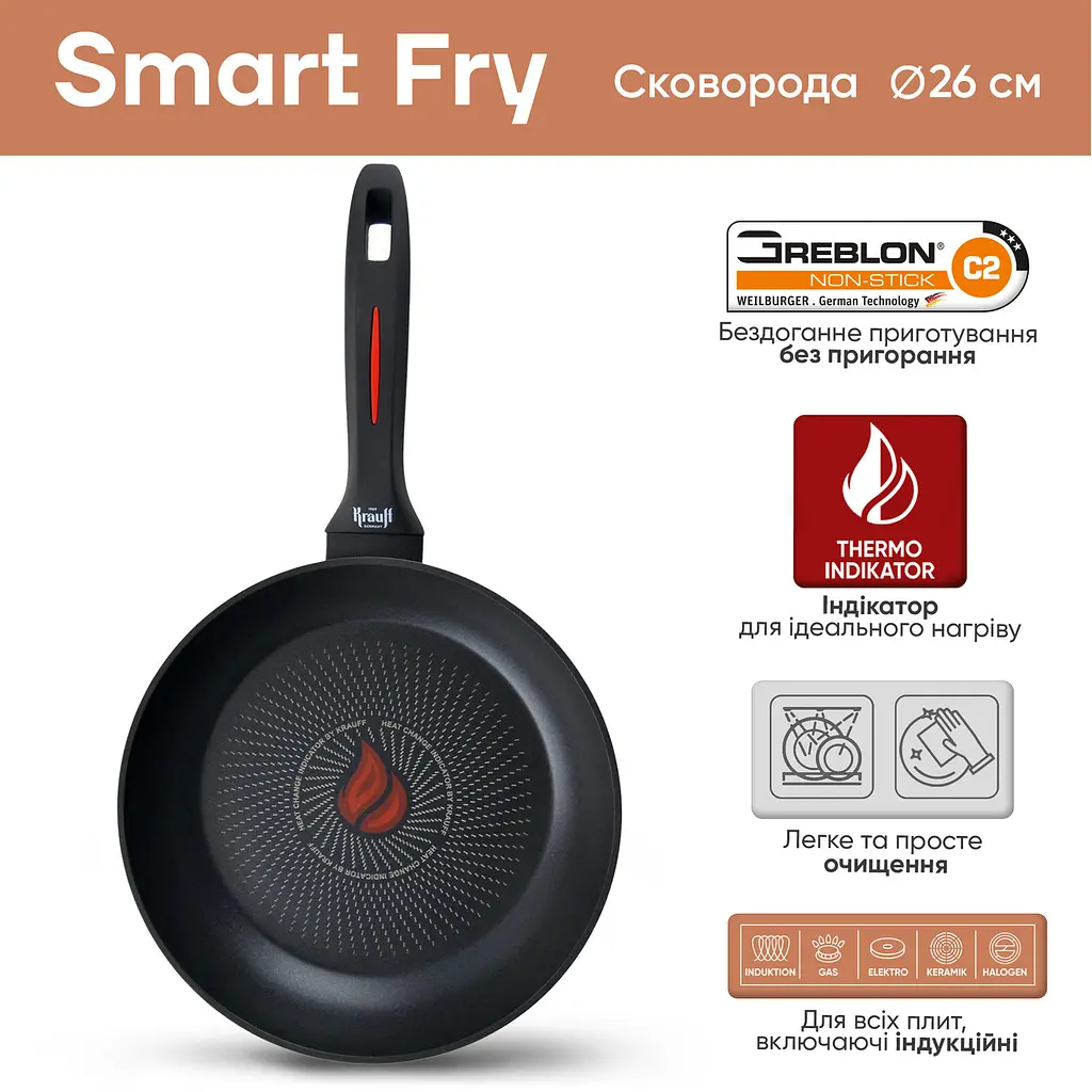 Набір зі сковорідок Smart Fry 26 см, 28 см та сковорідка для млинців 24 см + ополоник, лопатка та картоплемялка - фото 2