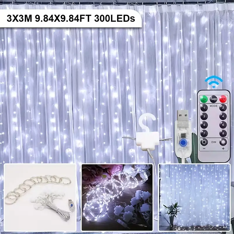 Гірлянда завіса штора 3*3м 300LED USB c пультом 8 режимів для прикрас вікон і тераси, холодний білий - фото 7