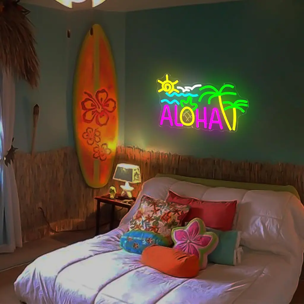 Неоновая вывеска Aloha Palm Tree Vveikea для украшения стен, Гавайский тропический дизайн, Aloha, LED, солнце, океан, волна - фото 4