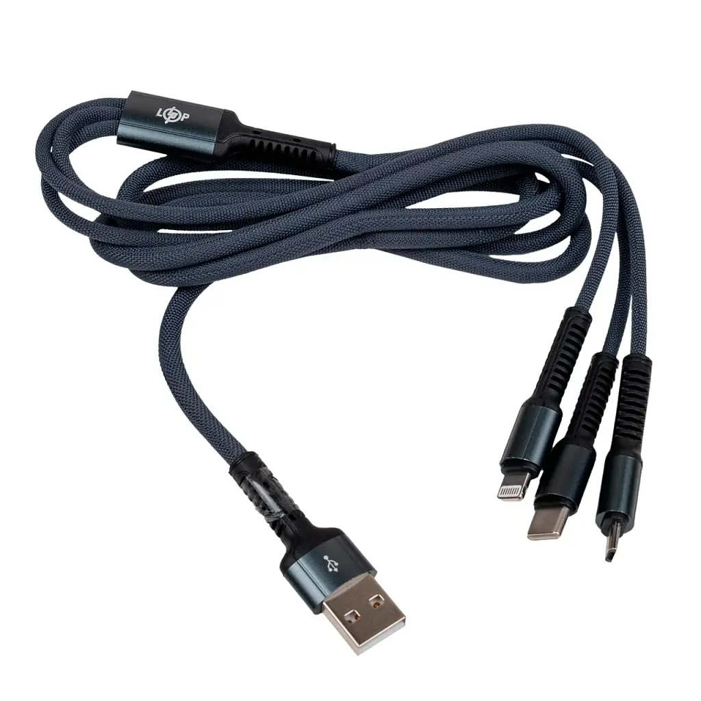 Кабель LogicPower USB to Type-C/Lightning/Micro-USB 3 в 1 QC 3.4A 1.2 м сірий - фото 2