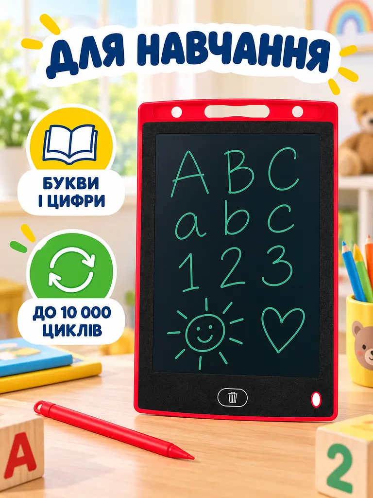 Дитячий графічний LCD планшет дошка для малювання та записів 10" + стилус, червоний (50300102237) - фото 9