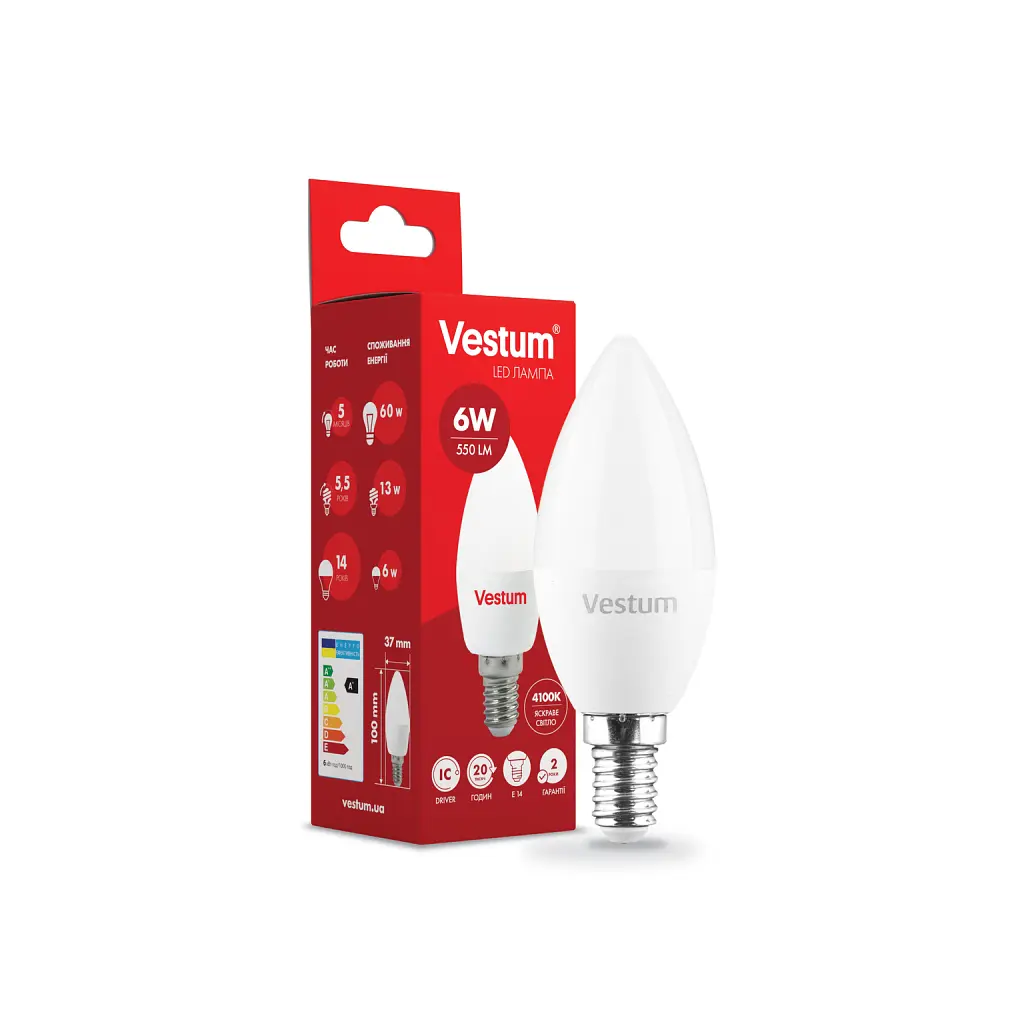 Лампочка Vestum C37 6W 4100K 220V E14 (1-VS-1303) - фото 2