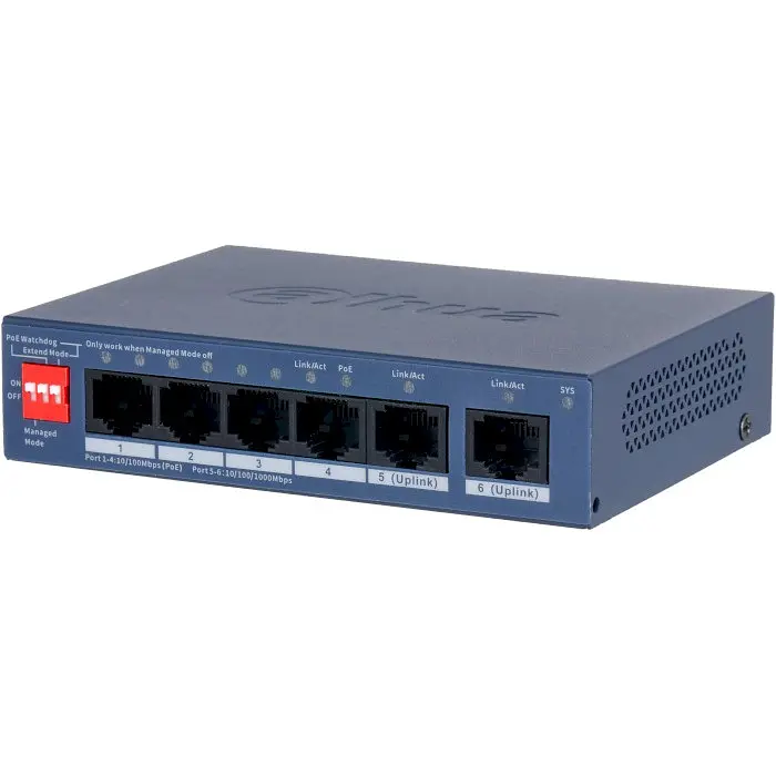 Комутатор Dahua PoE DH-CS4006-4ET2GT-36 4x10/100 PoE 2хRJ45 Uplink 115х85х195 мм Black - фото 2
