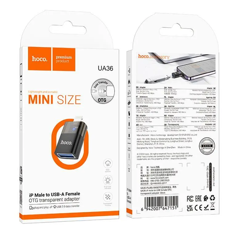 Перехідник Hoco UA36 iP male to USB female OTG transparent adapter чорний - фото 2