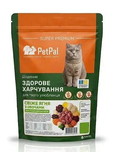 Cухий корм PetPal для дорослих стерилізованих котів з ягням та овочами, 12кг