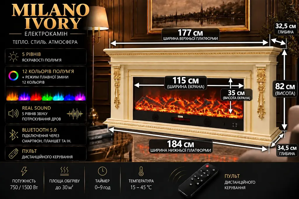Електричний камін Milano Ivory 1500 Вт з порталом, звук потріскування дров (10080154) - фото 8