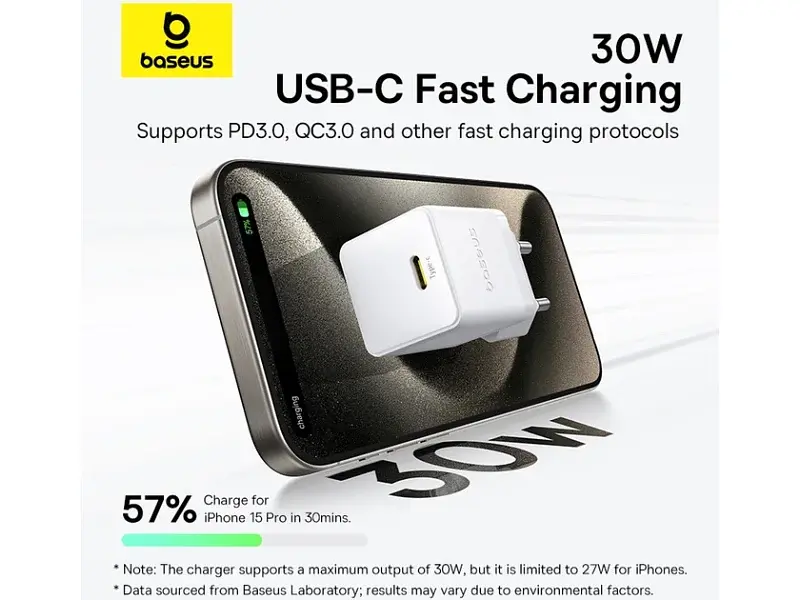Мережевий зарядний пристрій BASEUS Palm Fast Charger 30 W Type-C to Type-C cable (P10111605213-01) - фото 11
