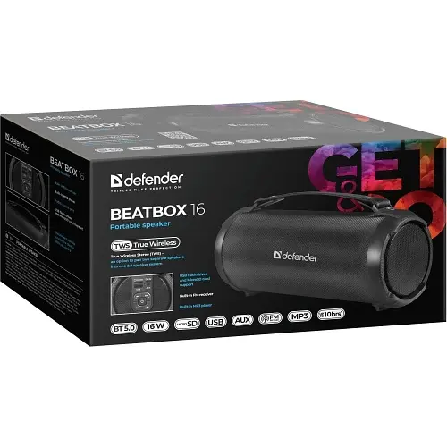 Колонка портативна Defender Beatbox 16, Black, 16 Вт, Bluetooth 5.3, MicroUSB, USB, AUX, MicroSD до 32 ГБ, 1500 mAh, MP3-плеєр, TWS, дальність дії до 10 м, FM (65216) - фото 5