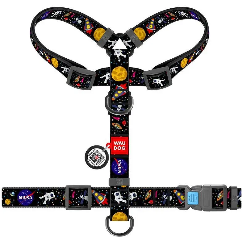 Шлея для собак Waudog Nylon анатомічна H-подібна з QR-паспортом, малюнок "NASA", пластиковий фастекс, L - фото 2
