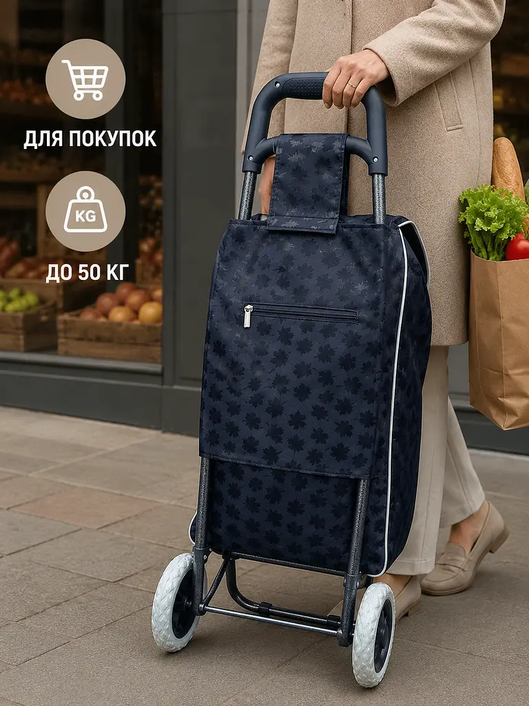 Господарська сумка-візок на колесах 95×35×20 см до 50 кг, чорна з листям (49676354) - фото 7