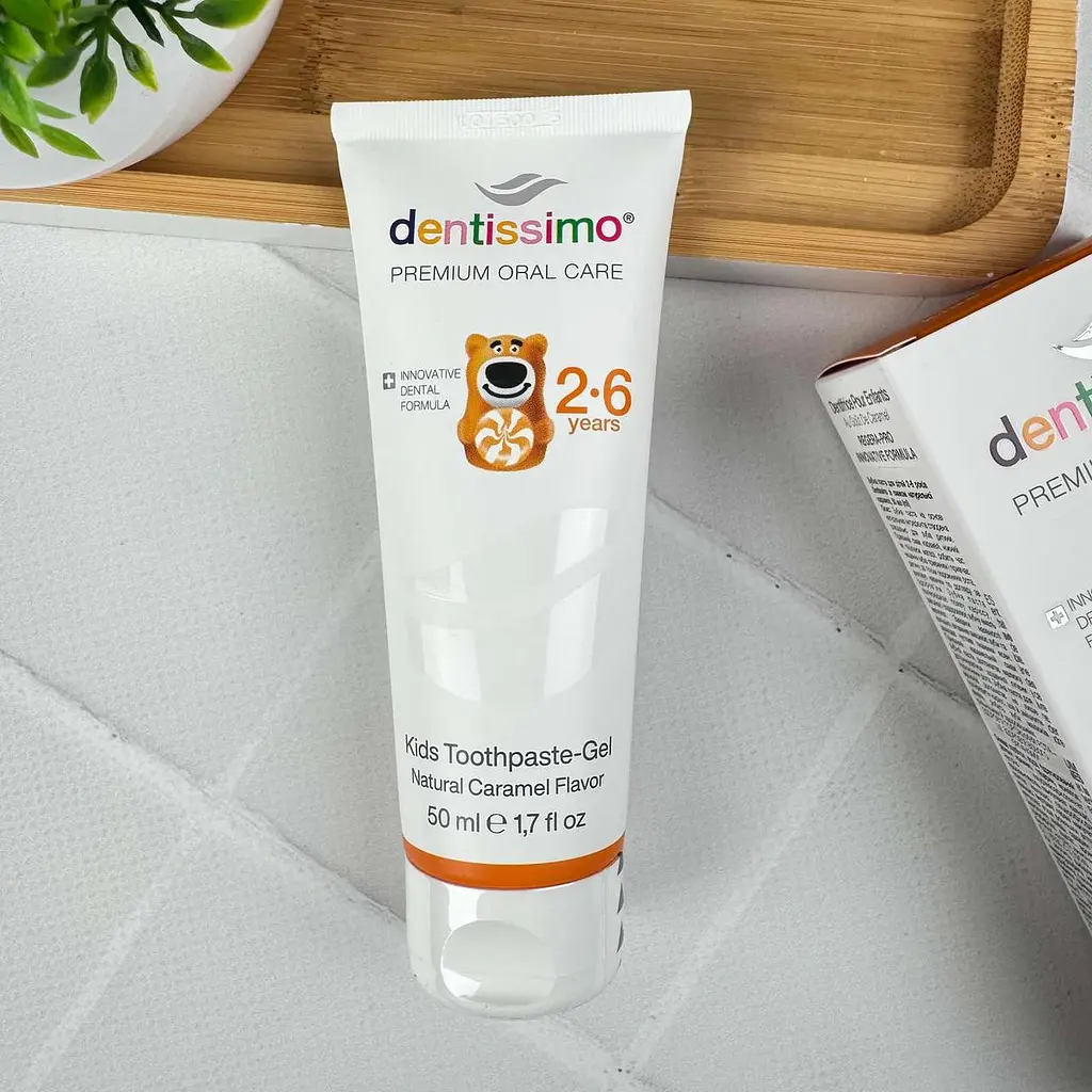 Зубна паста-гель Dentissimo Kids від 2 до 6 років (без фтору, смак карамелі) 50 мл